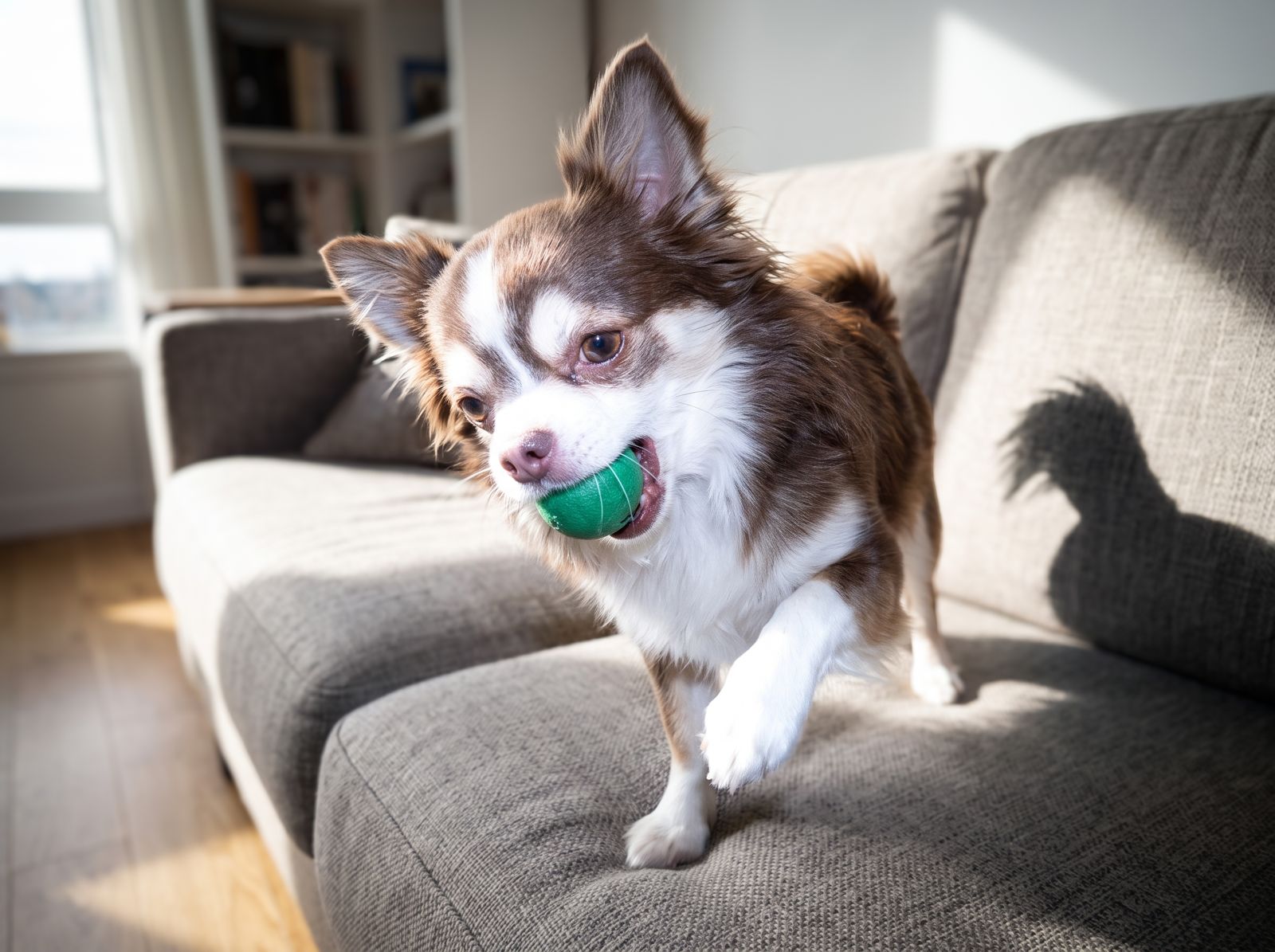 Un chihuahua corre por el sillón con su pelota